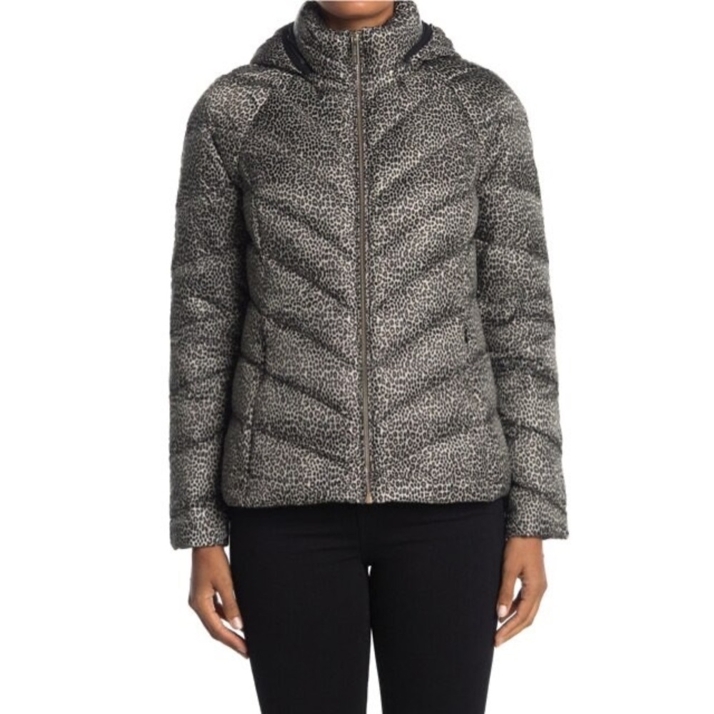 Michael Kors Down-Filled Leopard Quilted Hooded Puffer Jacket Womens Size XL